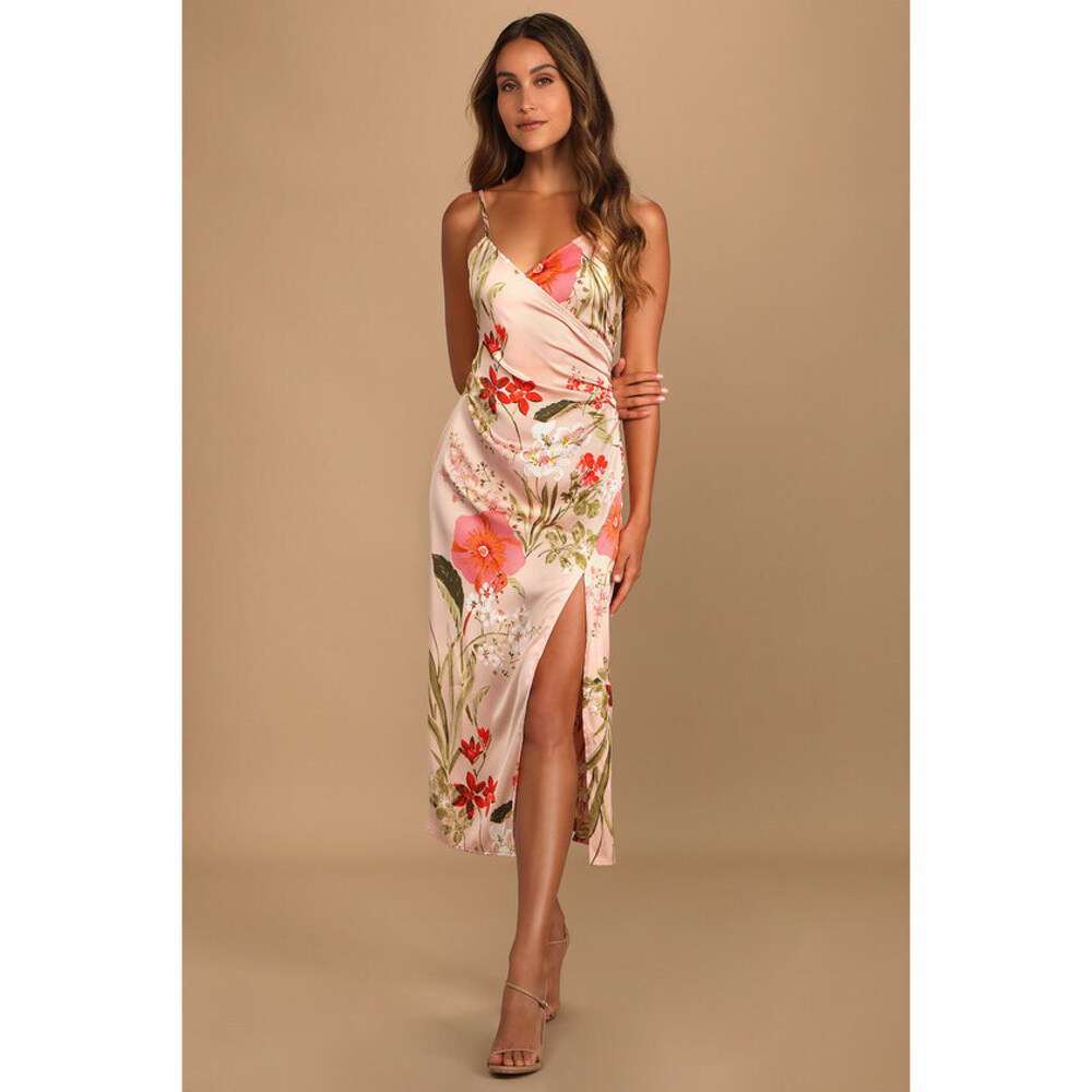 Lulus Remarkable Entrance Pink Floral Print Satin Midi Dress - Size S
